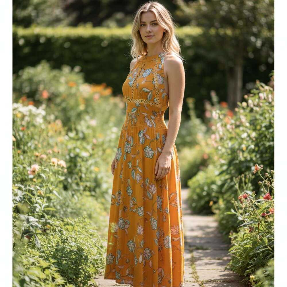 Jaase Maxi Dress Smocked Waist Open Back Floral Size XS